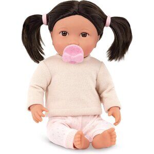 14 Inch Realistic Baby Doll with Dark Brown Hair Brown Eye Soft Body Pink Outfit